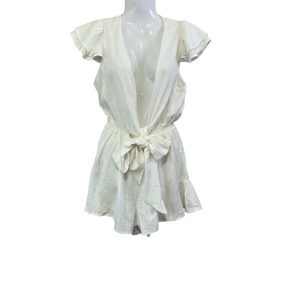 Luxxel White Low-Cut Front Tie Romper Sz-Small
